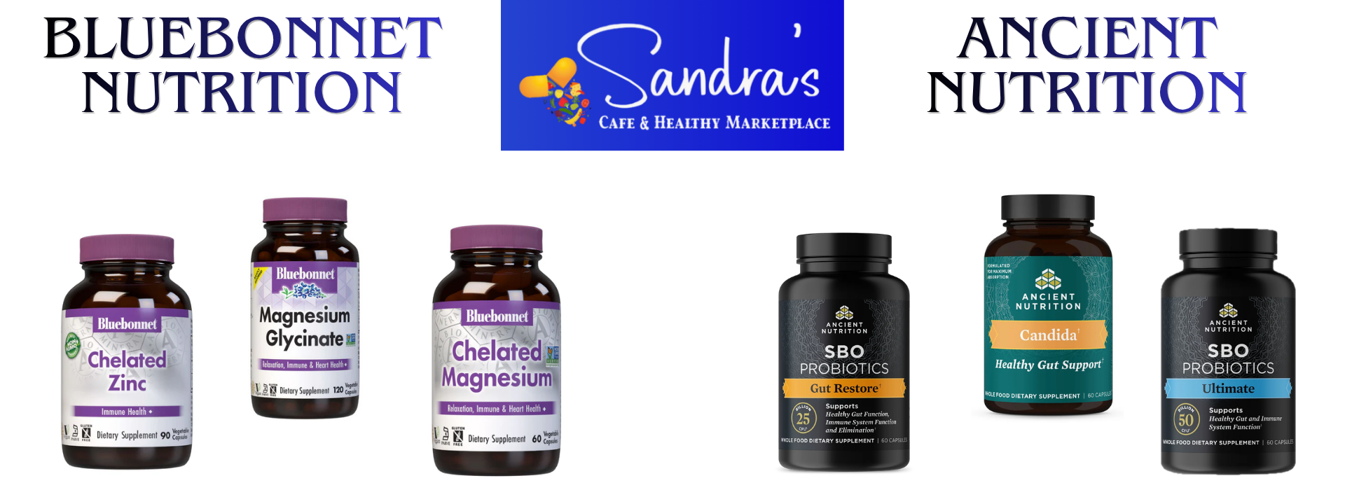 Sandra's Has Bluebonnet Chelated Zinc, Bluebonnet Magnesium Glycinate, Ancient Nutrition Gut Support and Probiotics